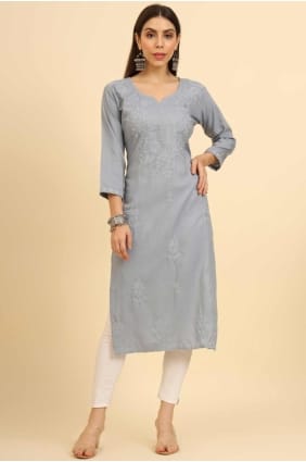 Grey Chikankari Kurti in Cotton KTI2464