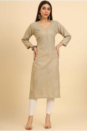 Cotton Chikankari Beige Kurti with Dupatta KTI2466