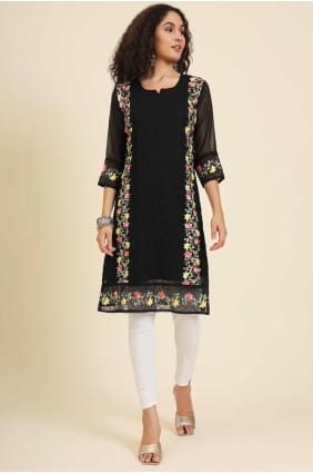 Black Georgette Embroidered Kurti with Dupatta KTI2485