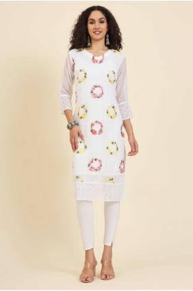Georgette Kurti in White with Embroidered KTI2492