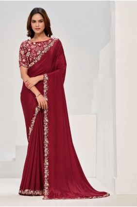 Sequins Saree in Maroon Satin SR27356