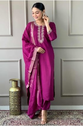 Burgundy Straight Pant Suit in Viscose with Embroidered SK154538