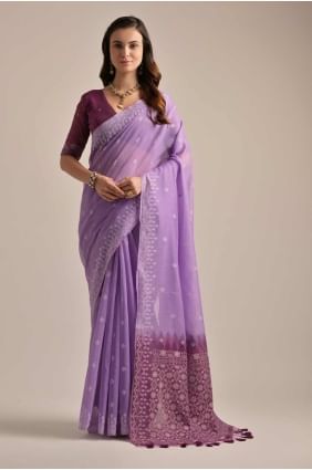 Weaving Cotton Lavender Saree with Blouse SR27377