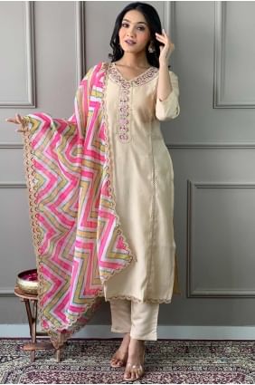 Embroidered Straight Pant Suit in Chiku Viscose SK154547