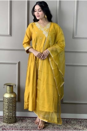 Embroidered Viscose Straight Pant Suit in Mustard with Dupatta SK154549