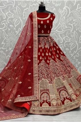 Embroidered Lehenga Choli in Red Velvet LC7945
