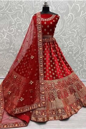 Velvet Red Lehenga Choli in Embroidered LC7948