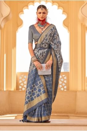 Grey Printed weaving Silk Saree SR27398