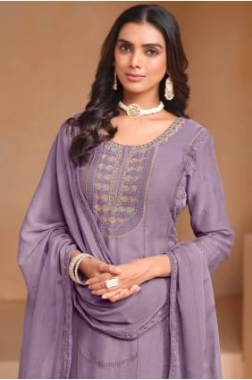 Embroidered Organza Lavender Straight Pant Suit with Dupatta SK154677