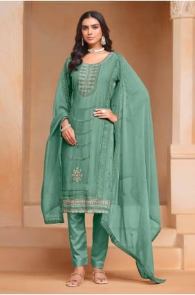 Embroidered Straight Pant Suit in Green Organza SK154678