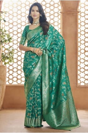 Banarasi silk Saree in Rama with Zari weaving SR27614