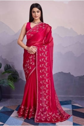 Sequins embroidered Silk Saree in Pink SR27620