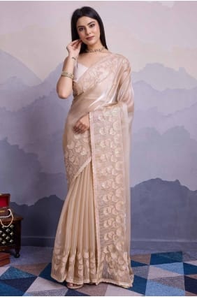 Sequins embroidered Silk Beige Saree with Blouse SR27621