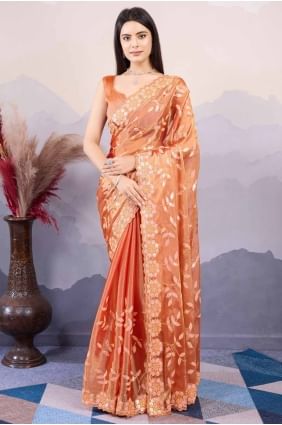 Silk Saree with Sequins embroidered in Orange SR27629