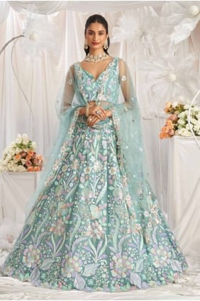 Embroidered Lehenga Choli in Lime green Net LC8140