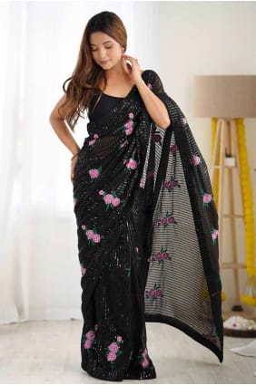 Sequins embroidered Georgette Saree in Black with Blouse SR27639