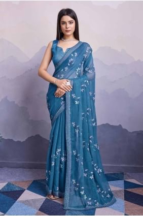 Chiffon Saree in Cyan blue with Sequins embroidered SR27653