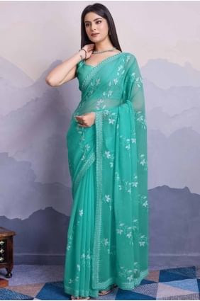 Chiffon Sequins embroidered Sea green Saree with Blouse SR27654