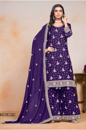 Purple Embroidered Palazzo Suit in Chiffon PZ4054
