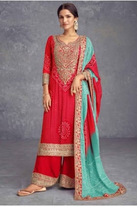 Chiffon Palazzo Suit in Blue with Embroidered PZ4058