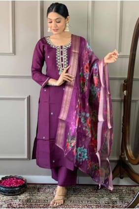 Printed Chanderi Purple Straight Pant Suit with Dupatta SK154704