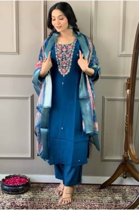 Printed Chanderi Teal blue Straight Pant Suit with Dupatta SK154705