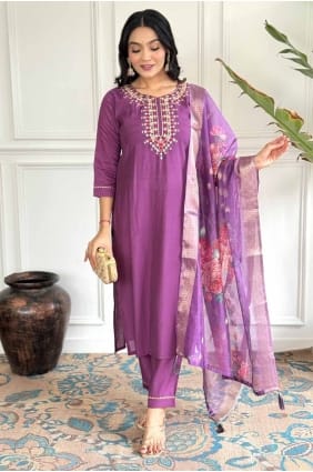 Purple Straight Pant Suit in Rayon with Printed SK154712