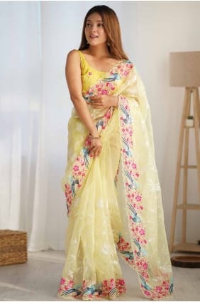 Sequins embroidered Organza Saree in Yellow with Blouse SR27694
