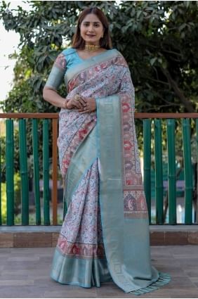 Printed Pashmina Saree in Sea green with Blouse SR27699