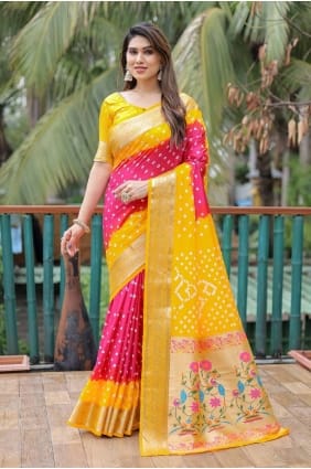 Printed weaving Silk Saree in Yellow SR27701