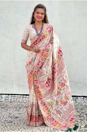 Weaving Pashmina Saree in White with Blouse SR27711