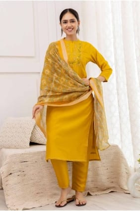 Mustard Straight Pant Suit in Viscose with Embroidered SK154724