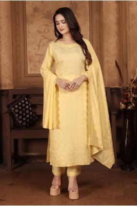 Yellow Straight Pant Suit in Chanderi with Embroidered SK154729