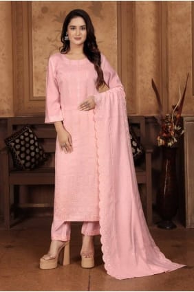 Chanderi Peach Straight Pant Suit in Embroidered SK154730