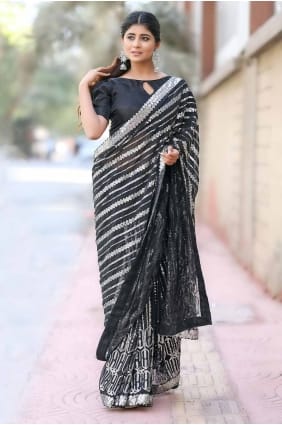 Sequins embroidered Georgette Black Saree with Blouse SR27719
