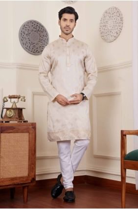 Cream Weaving Viscose Men Kurta KURR298