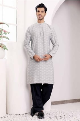 Weaving Men Kurta in Light grey Viscose KURR308