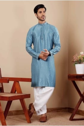 Blue Viscose Embroidered Men Kurta KURR314
