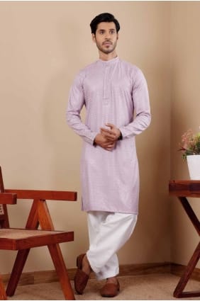 Men Kurta in Lavender Viscose with Embroidered KURR320