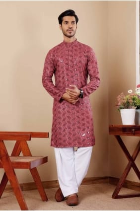 Embroidered Viscose Berry red Men Kurta with Dupatta KURR323
