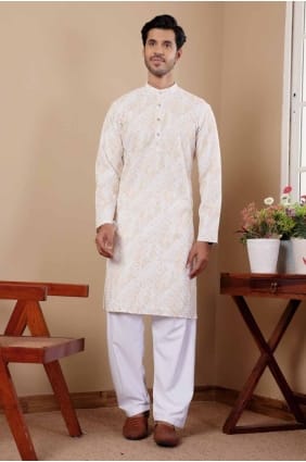 Viscose Men Kurta with Embroidered in Yellow tie dye KURR334