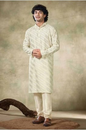 Viscose Off white Men Kurta in Embroidered KURR280