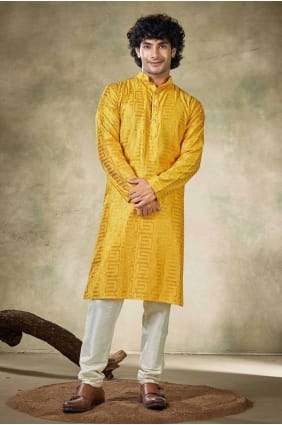 Embroidered Viscose Men Kurta in Yellow KURR283