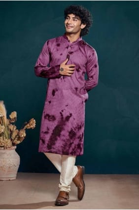 Maroon Digital print Men Kurta in Viscose KURR290