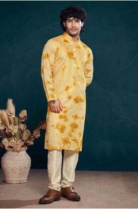 Viscose Yellow Men Kurta in Digital print KURR292