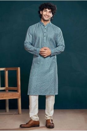 Viscose Men Kurta in Blue with Embroidered KURR293