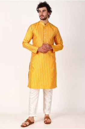 Art silk Men Kurta with Weaving in Yellow KURR340