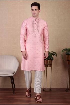 Pink Embroidered Men Kurta in Jacquard KURR347