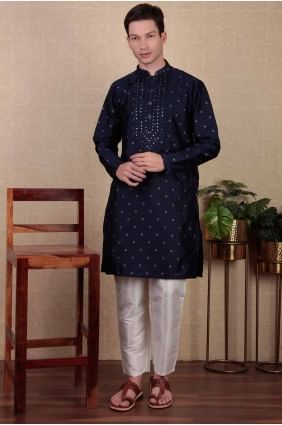 Embroidered Men Kurta in Navy blue Jacquard KURR348