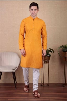 Cotton Men Kurta with Embroidered in Yellow KURR355